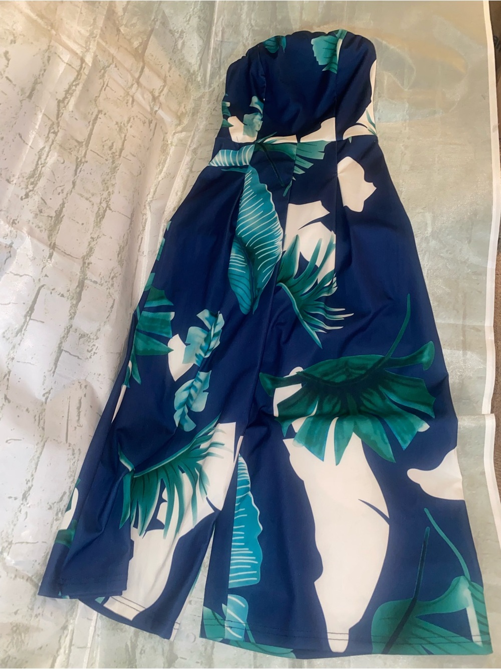 Strapless Tropical Print Jumpsuit - Navy & Green